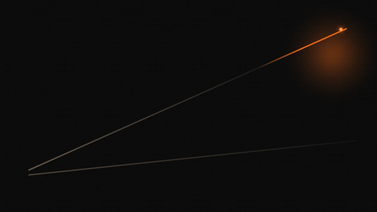 Two frosted glass rails diverging into darkness, one lit orange at the far end